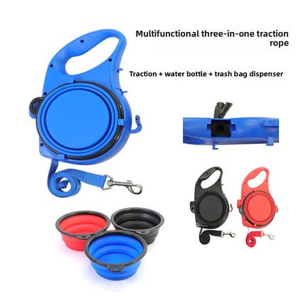 Multifunctional Portable Pet Leash with Water Bottle and Bowl