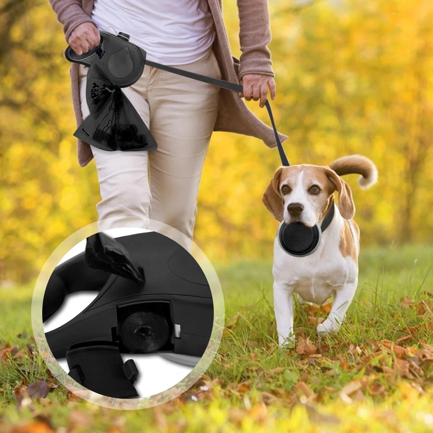 Multifunctional Portable Pet Leash with Water Bottle and Bowl