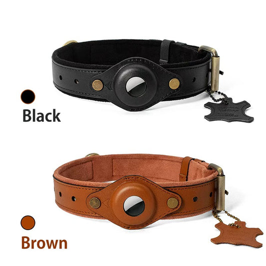 Leather Pet Collar with Air Tag Holder
